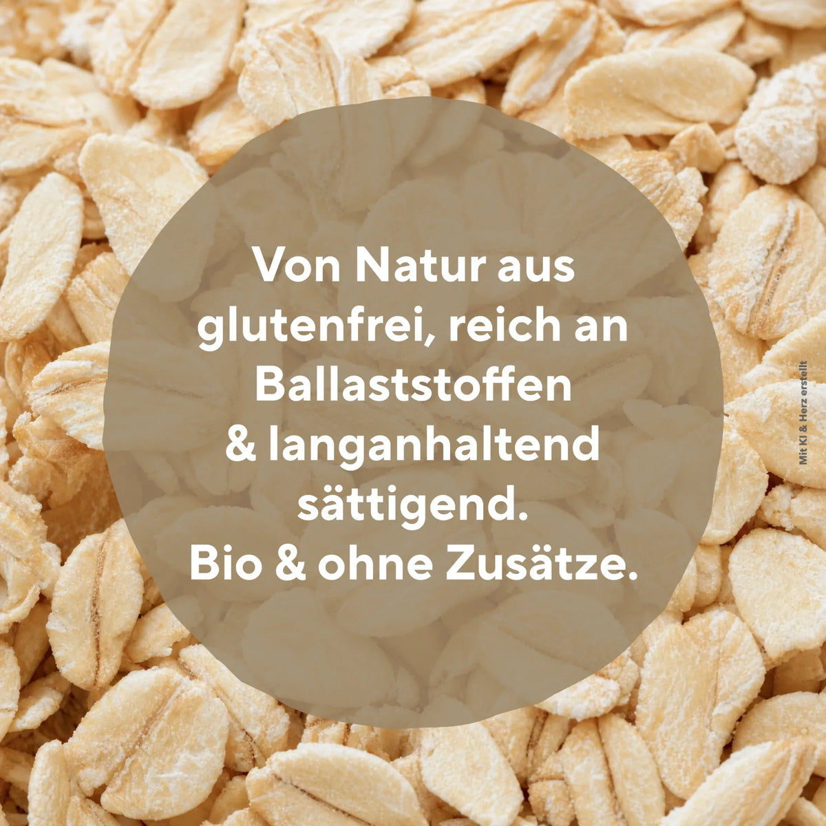 Nahaufnahme von Haferflocken mit Text über Nährwerte und Bio Qualität