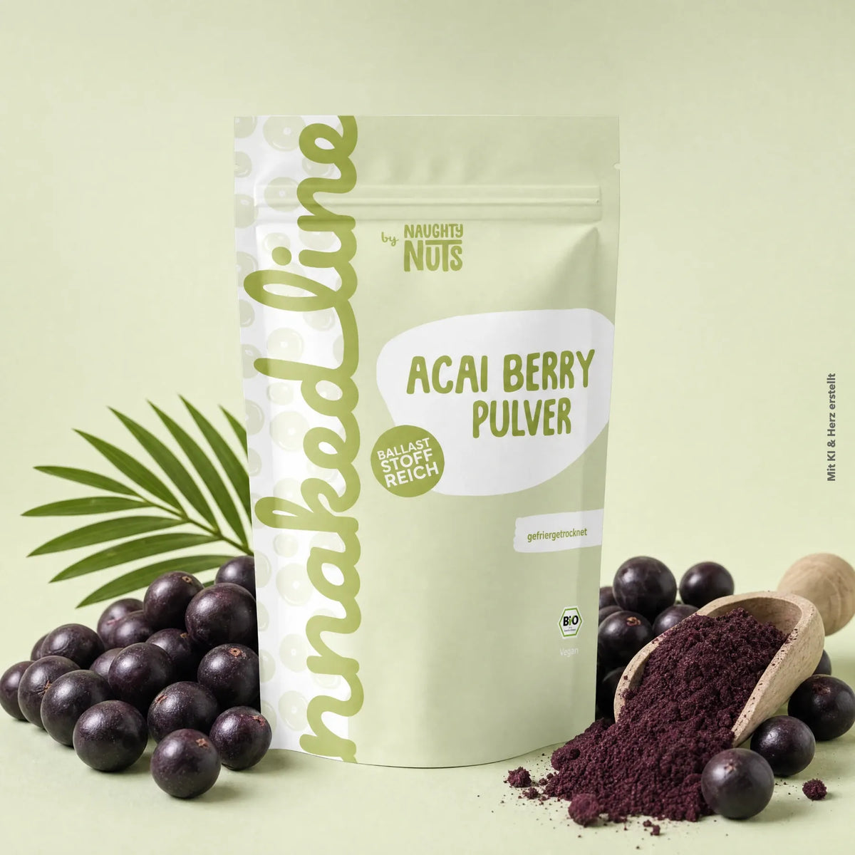 Beutel mit Acai Berry Pulver neben frischen Acai Beeren und einem Holzlöffel mit Pulver