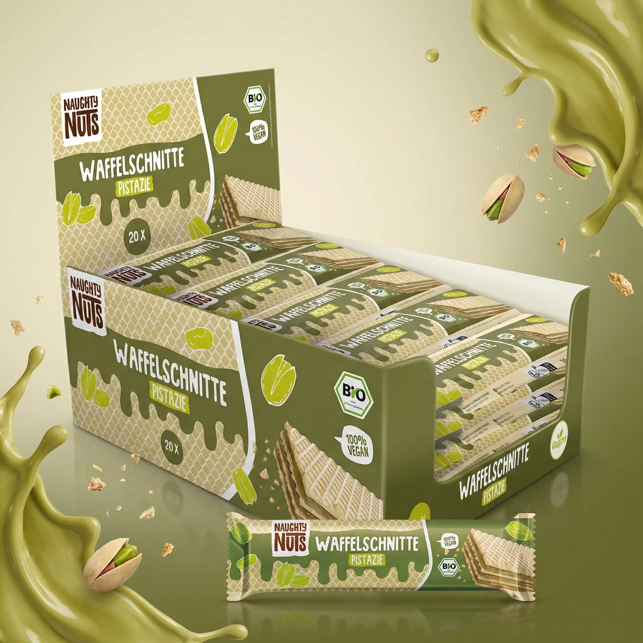 Bio Waffelschnitte Pistazie Displaybox mit 20 einzeln verpackten Waffelschnitten und Pistazien
