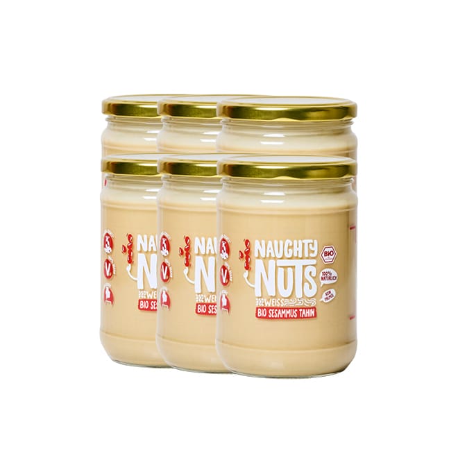 Sechs Gläser Bio Sesammus Tahin weiß (500g Glas) mit goldenen Deckeln