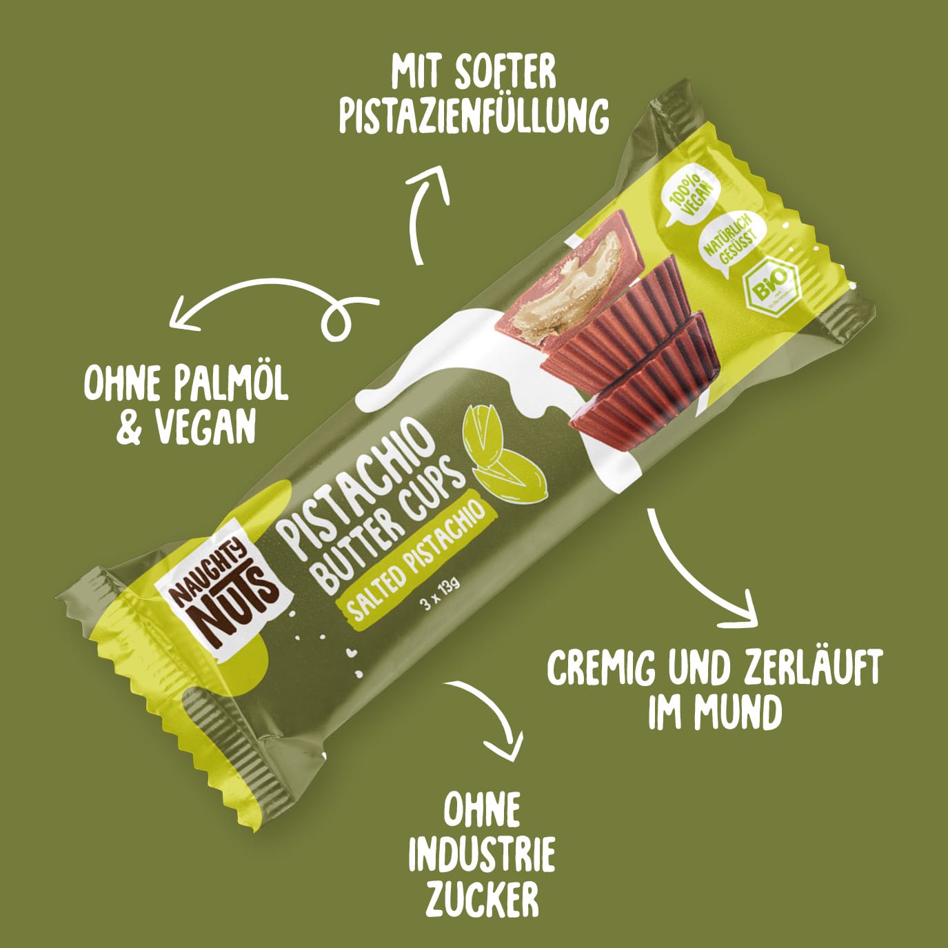 Bio Pistazienbutter Cups Salted Pistachio Packung mit Produktmerkmalen