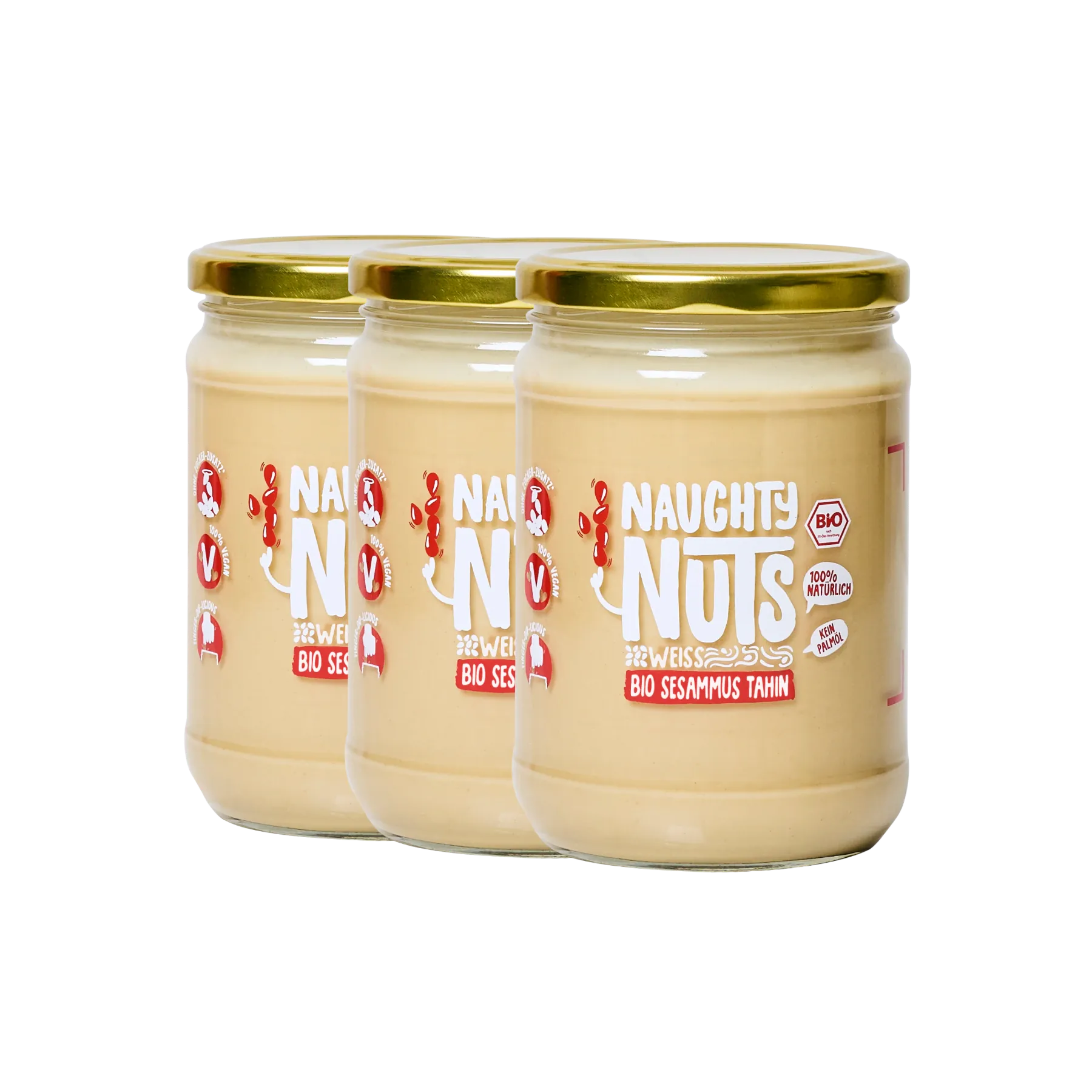 Drei Gläser Bio Sesammus Tahin weiß von Naughty Nuts mit goldenem Deckel