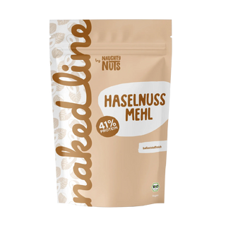 Beutel mit Haselnuss Mehl von Naughty Nuts mit 41 Prozent Protein und Bio Siegel