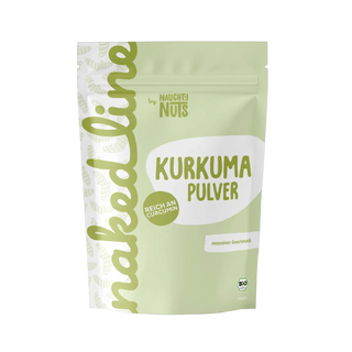 Naughty Nuts Kurkuma Pulver in einer hellgrünen Standbodenbeutel Verpackung