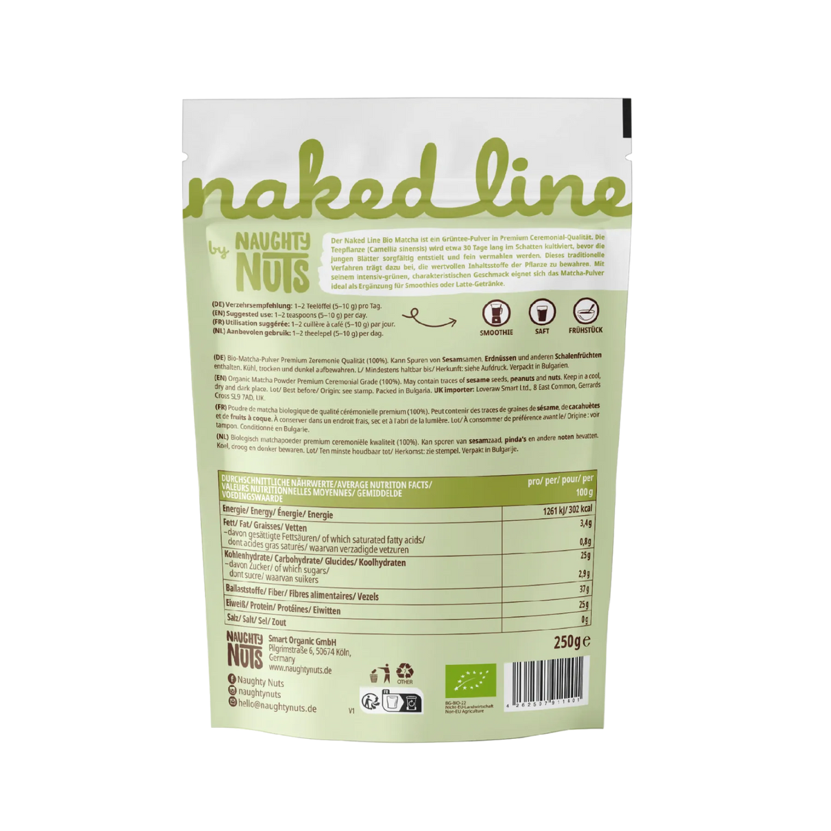 Rückseite der Matcha Pulver Verpackung mit Nährwerttabelle und Produktinformationen