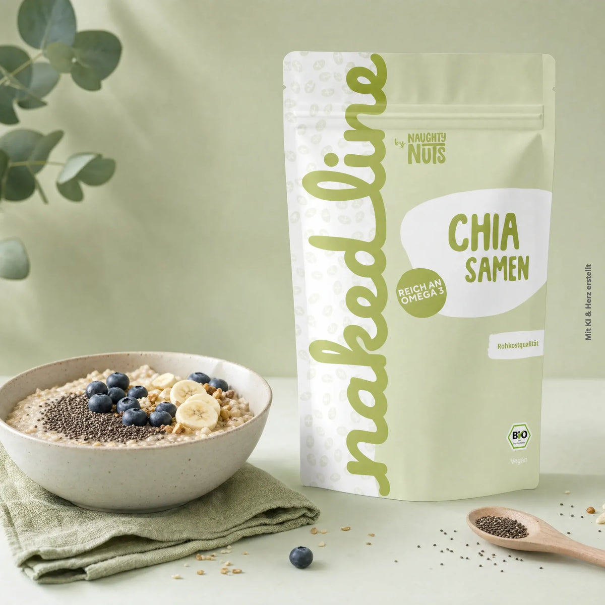 Verpackung von Chia Samen neben einer Schale mit Haferbrei Blaubeeren und Bananenscheiben