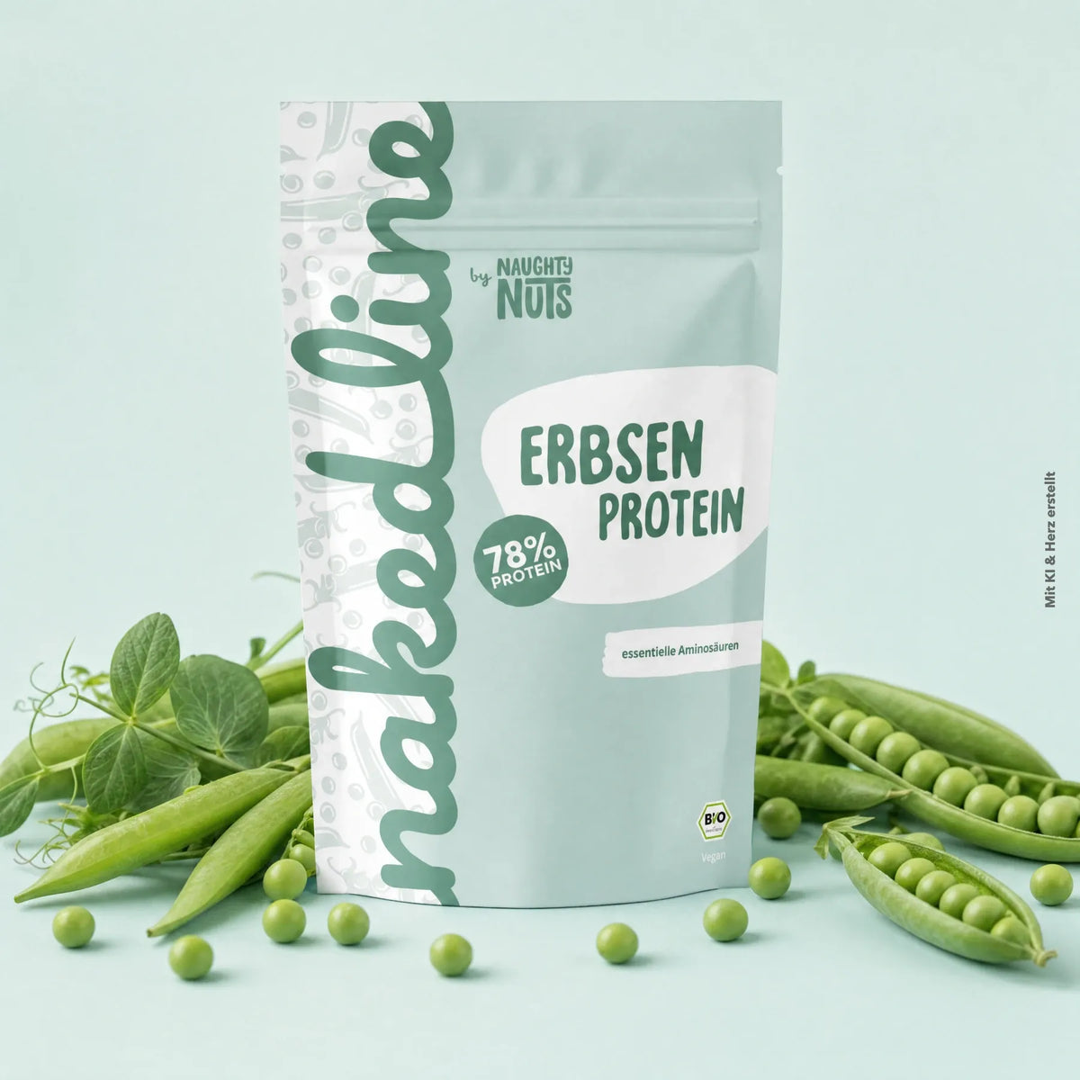 Erbsen Protein Beutel umgeben von frischen Erbsenschoten auf hellblauem Hintergrund