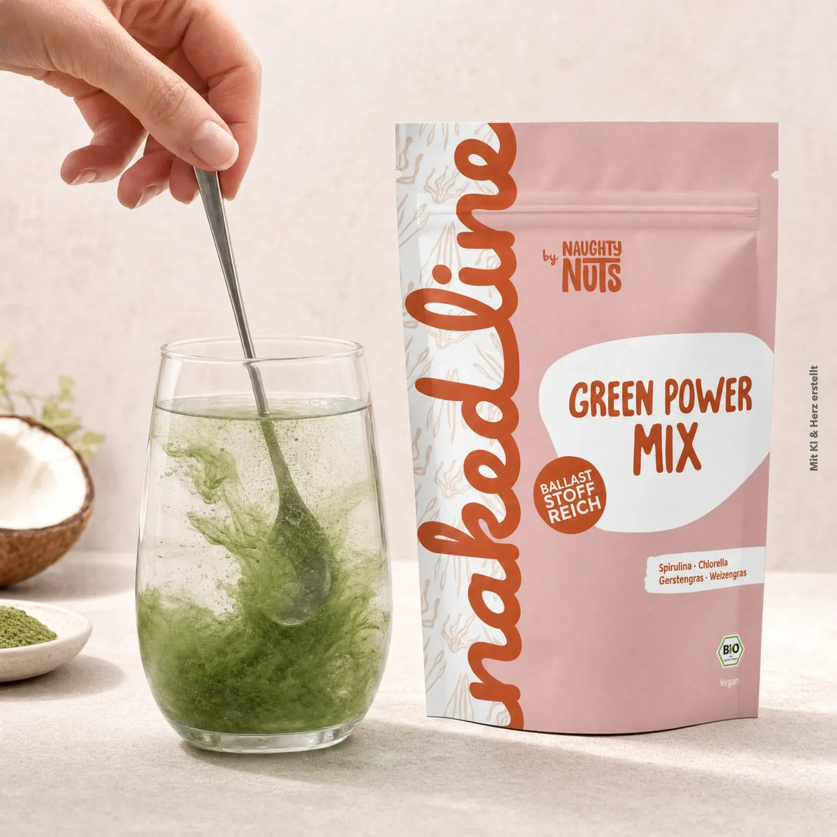 Green Power Mix Pulver wird mit einem Löffel in einem Glas Wasser verrührt