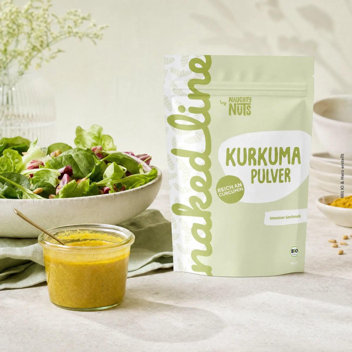Verpackung von Kurkuma Pulver neben einer Schüssel mit Salat und einem Glas mit gelbem Dressing