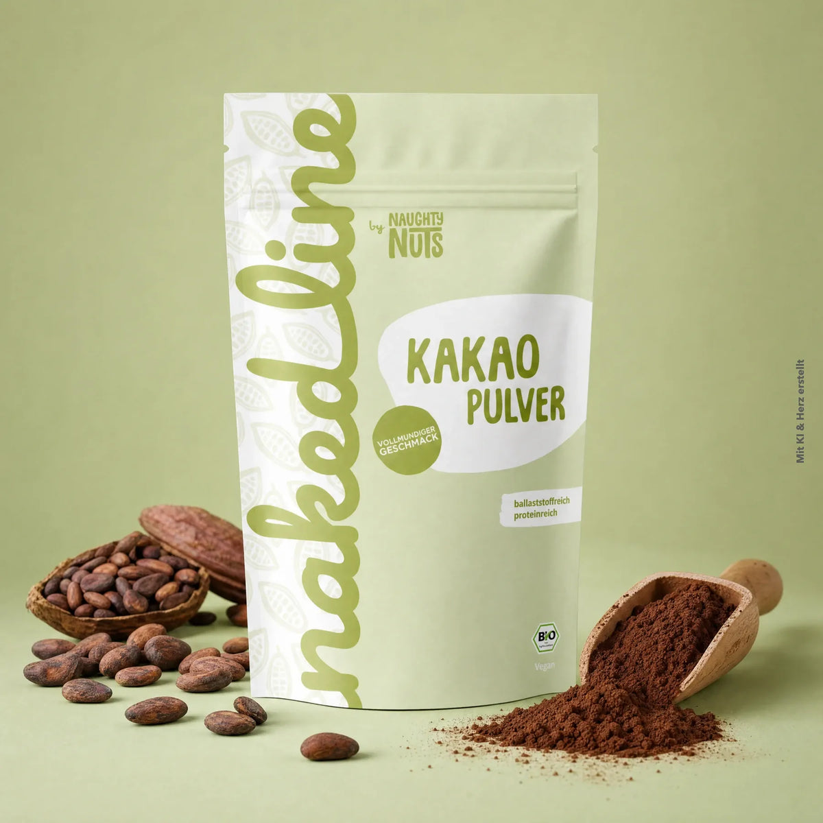 Verpackung von Kakao Pulver mit Kakaobohnen und einer Holzschaufel mit Kakaopulver auf grünem Hintergrund
