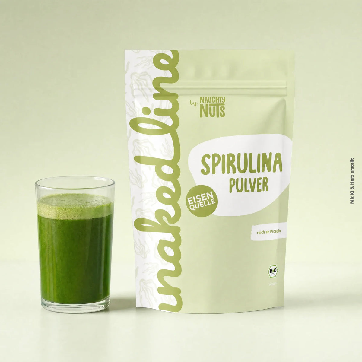 Beutel mit Spirulina Pulver neben einem Glas mit grünem Smoothie