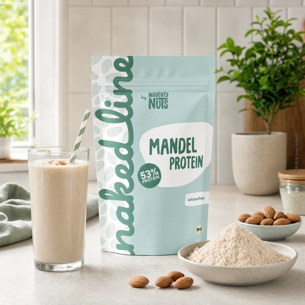 Beutel mit Mandel Protein neben einem Glas mit Shake und einer Schale mit Proteinpulver auf einem Küchentisch
