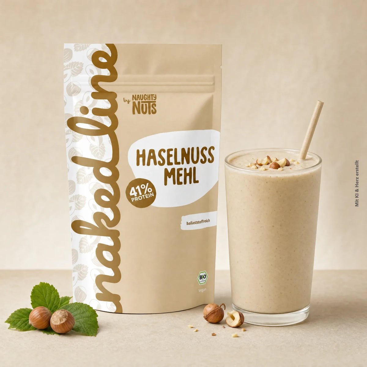 Haselnuss Mehl Packung neben einem Glas mit einem nussigen Smoothie und ganzen Haselnüssen