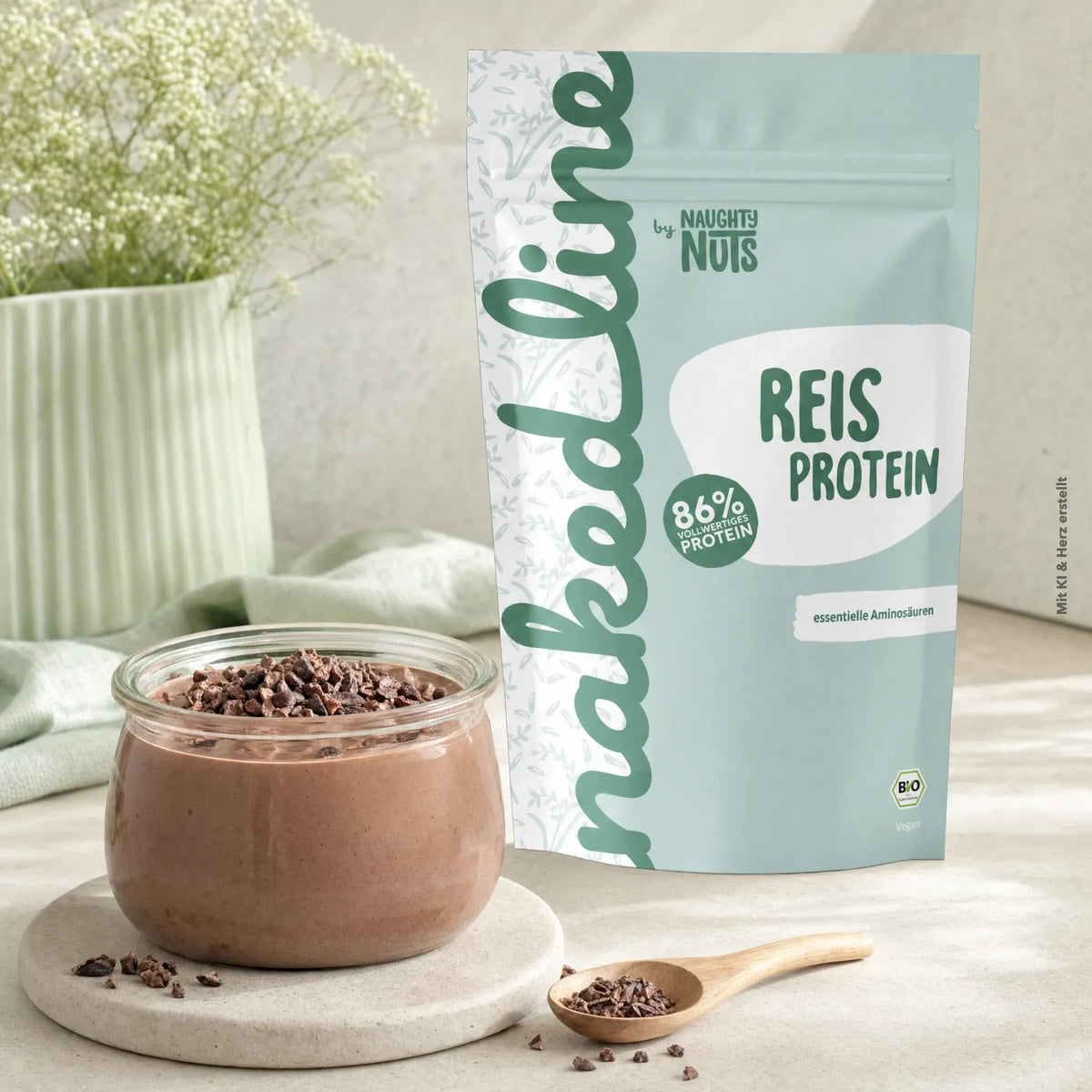Naked Line Reis Protein Beutel neben einem Glas mit Schokocreme und Kakaonibs