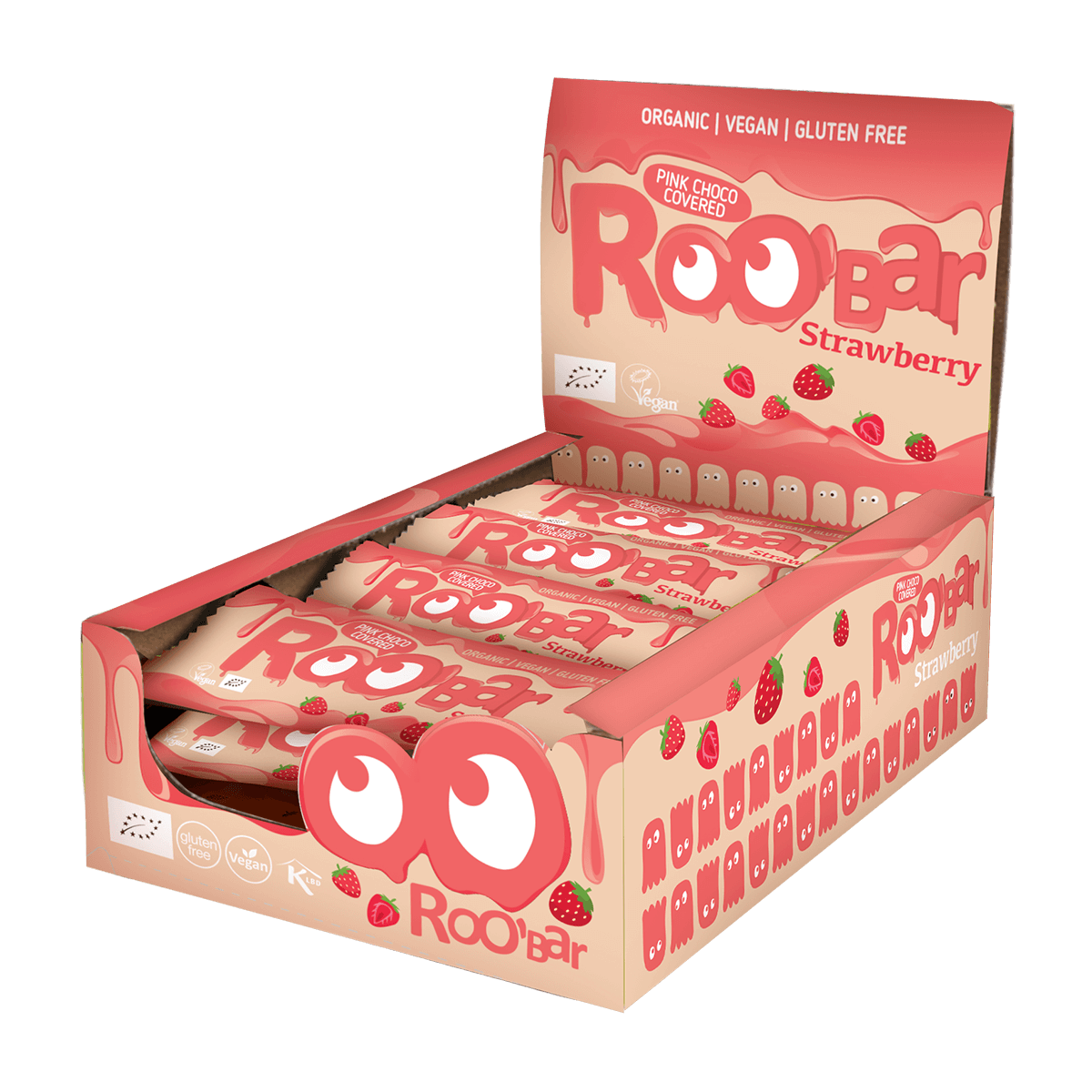 Bio Riegel mit rosa Schokolade und Erdbeeren