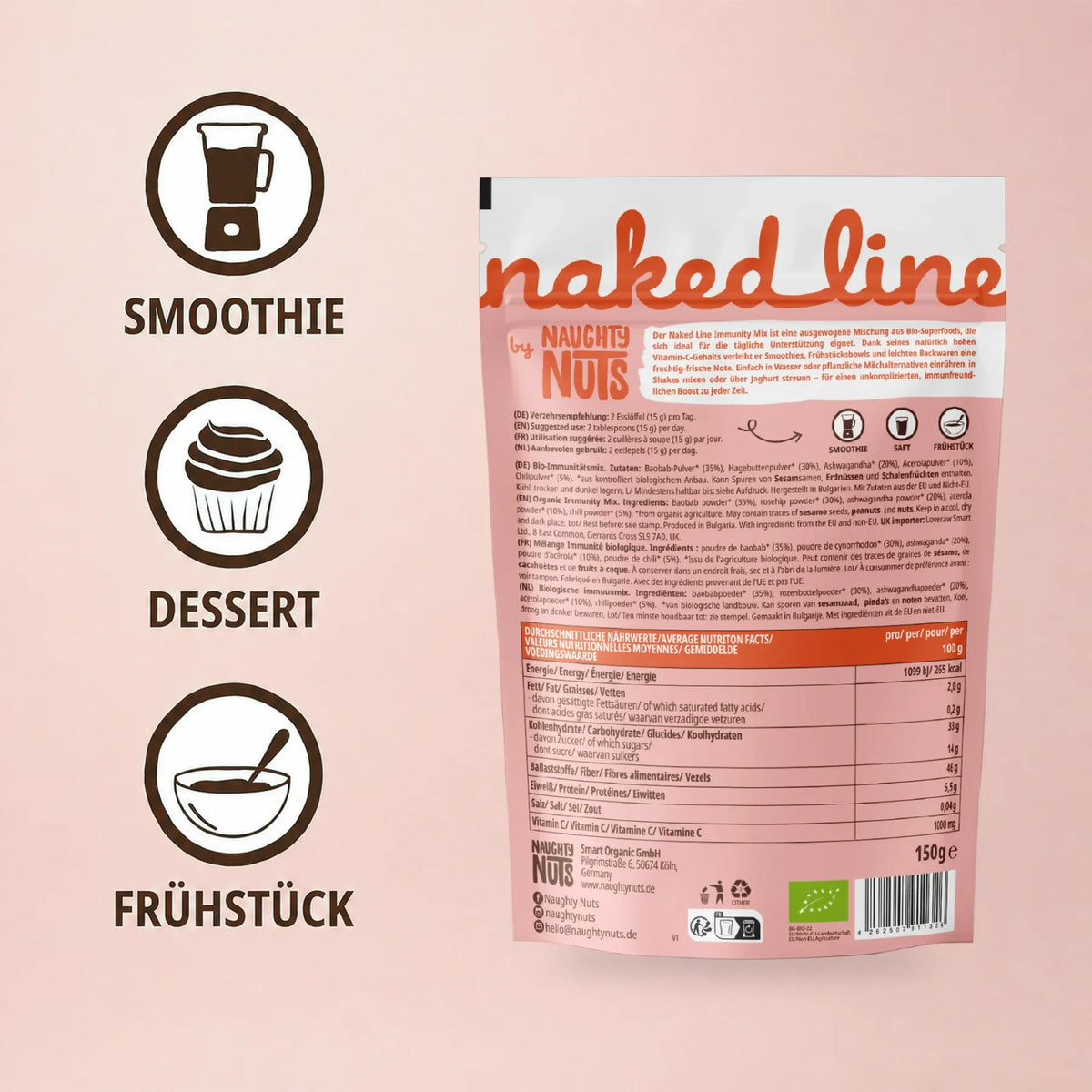 Rückseite der Immunity Mix Verpackung mit Nährwerttabelle und Anwendungshinweisen für Smoothies Desserts und Frühstück
