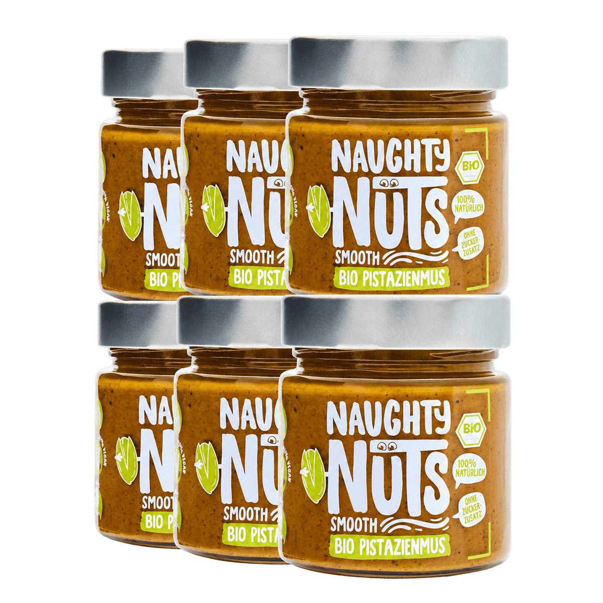 Sechs Gläser Bio Pistazienmus Smooth von Naughty Nuts