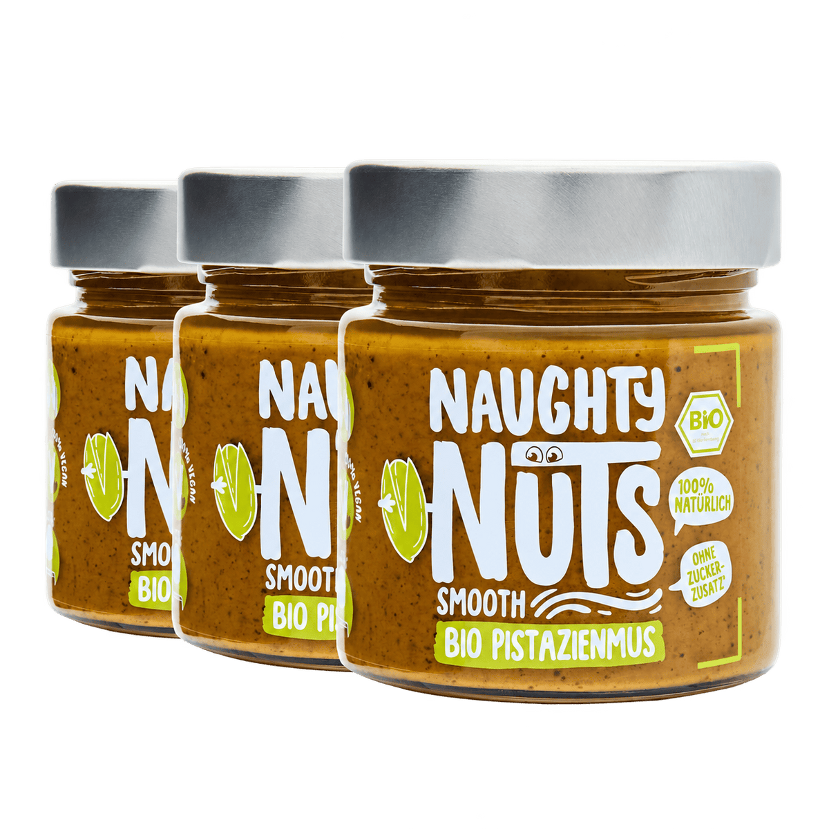 Drei Gläser Bio Pistazienmus Smooth von Naughty Nuts
